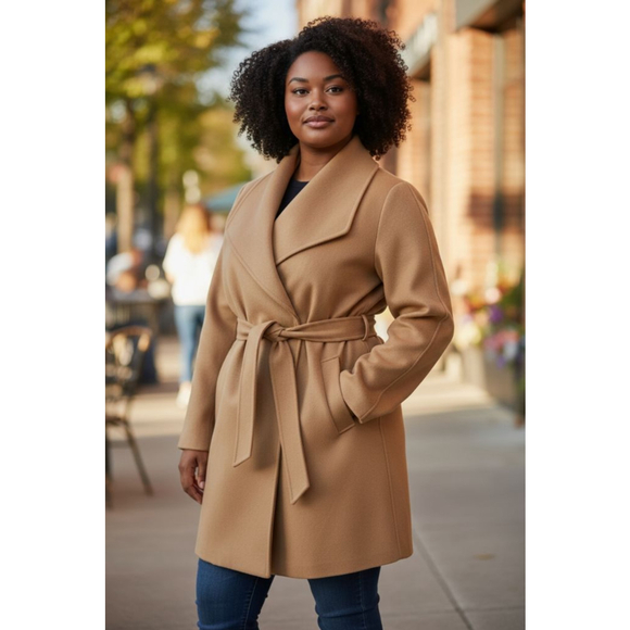 VLD Jackets & Blazers - VLD Camel Wrap Coat with Tie Belt Plus Size XL
